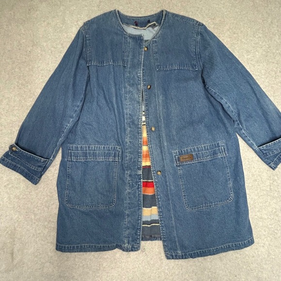 Denim & Co Long Denim Coat 1X Removable rainbow Flannel Lining Button Front barn - Picture 2 of 12